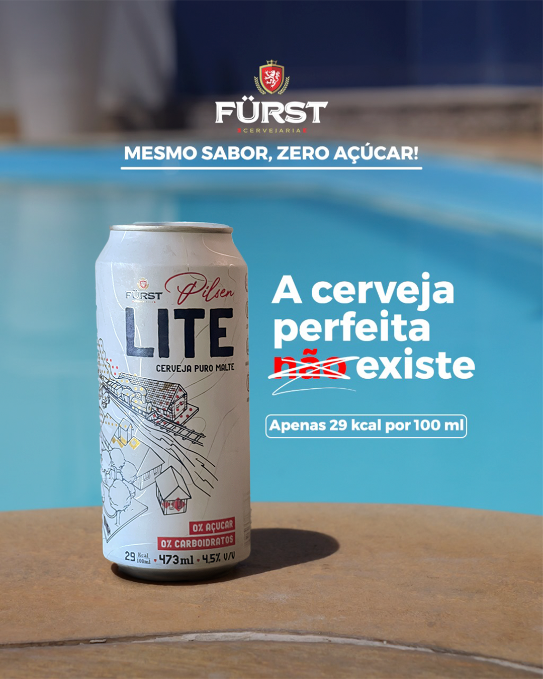 Lata FÜRST LITE na borda de uma piscina turquesa, água desfocada ao fundo